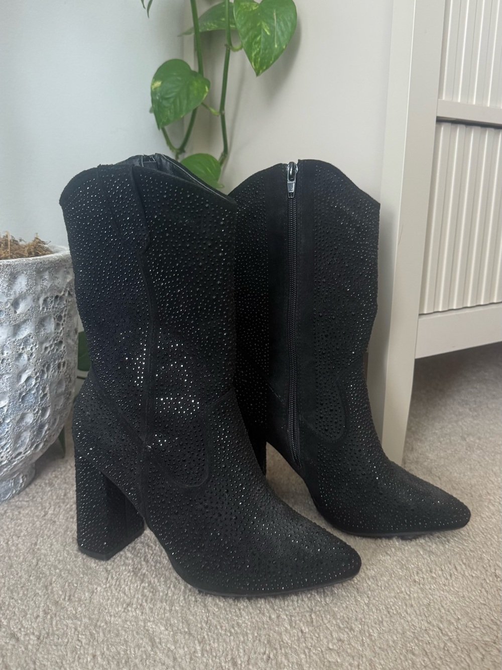 Black Suede Rhinestone Western Block Heel Boots